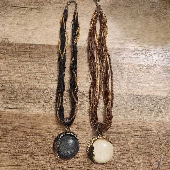 Pair Of Boho Black and Brown Pendant Necklace Set - Picture 4 of 6